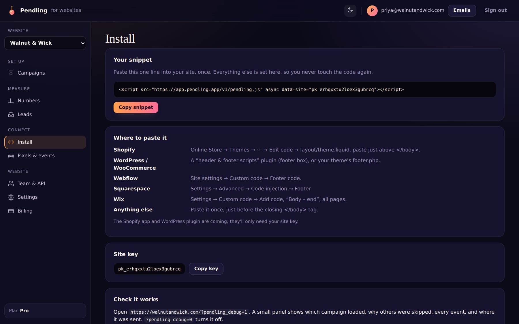 Install in the dashboard: your line, where to paste it on each platform, your site key and a link to check it works.