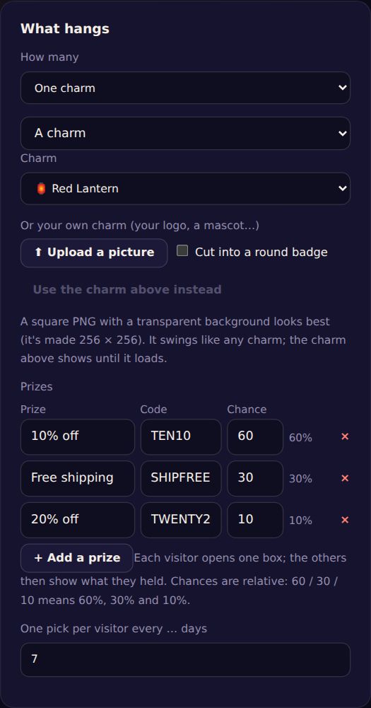 Prizes, their codes and chances, and how often a visitor can play.