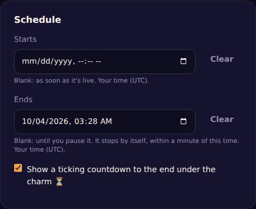 Schedule: start, end and a countdown.